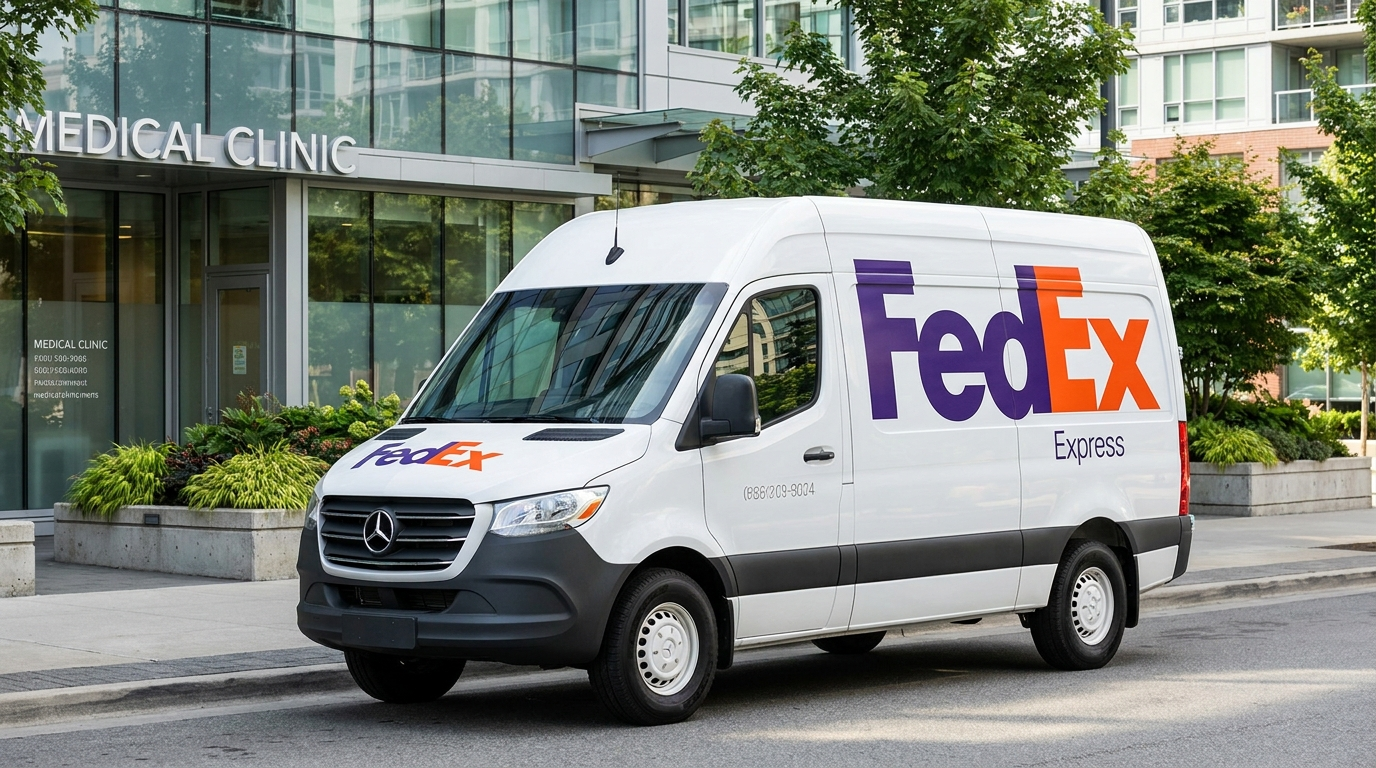 FedEx-bestelbus levert bij een kliniek
